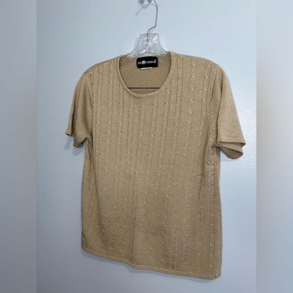 Sag Harbor Beige Cable Knit Short Sleeve Sweater Knitwear Cream Tan Crewneck - Picture 7 of 12